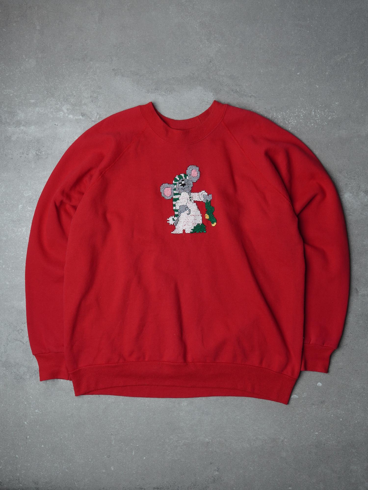 Vintage 90s Christmas Mouse Cross Stitch Sweater - L