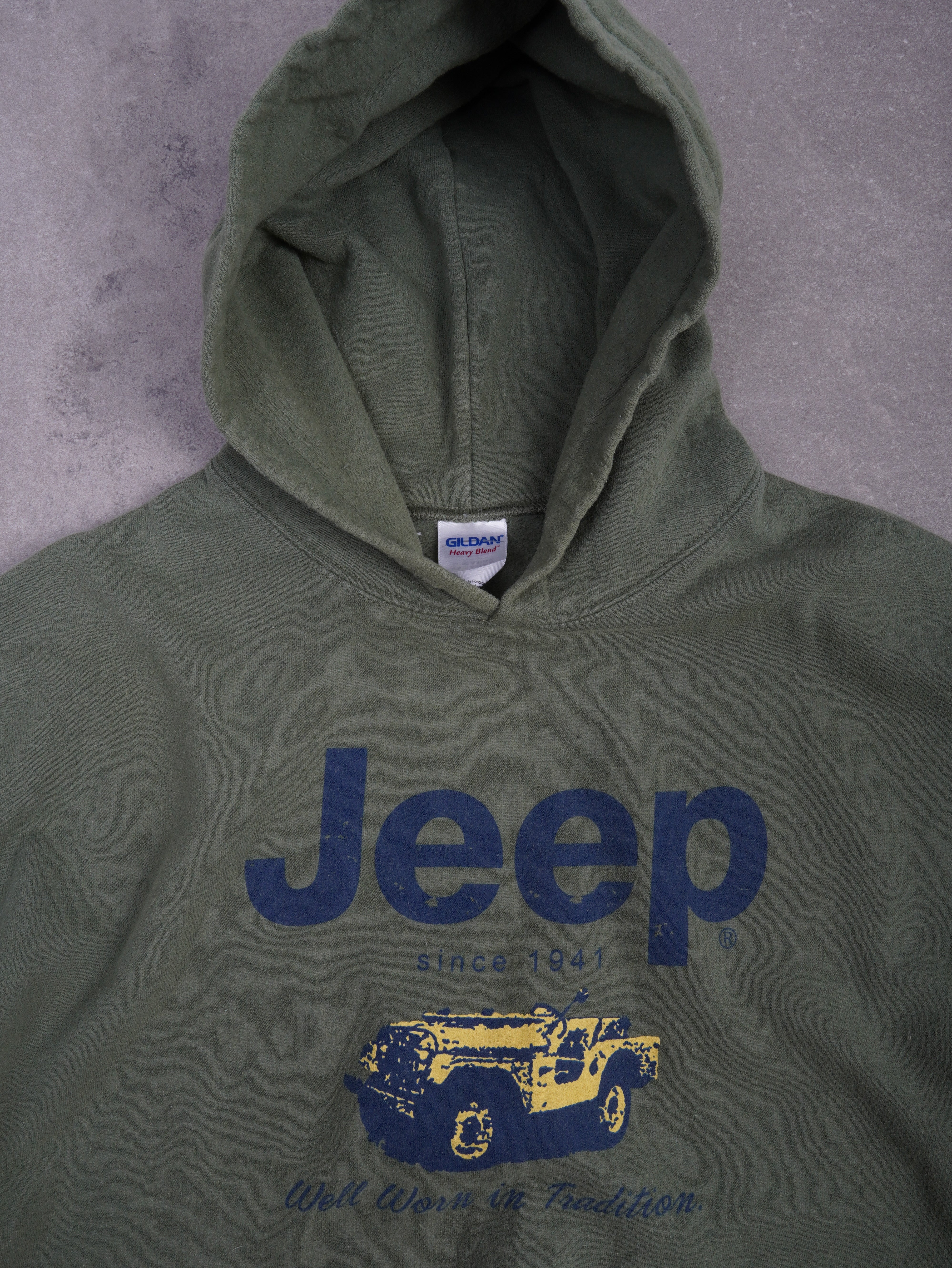 Gildan Vintage Gildan JEEP Hoodie - M, Grün, Größe M, unisex, Zustand Gut, Preis 29.95€ – Rückansicht