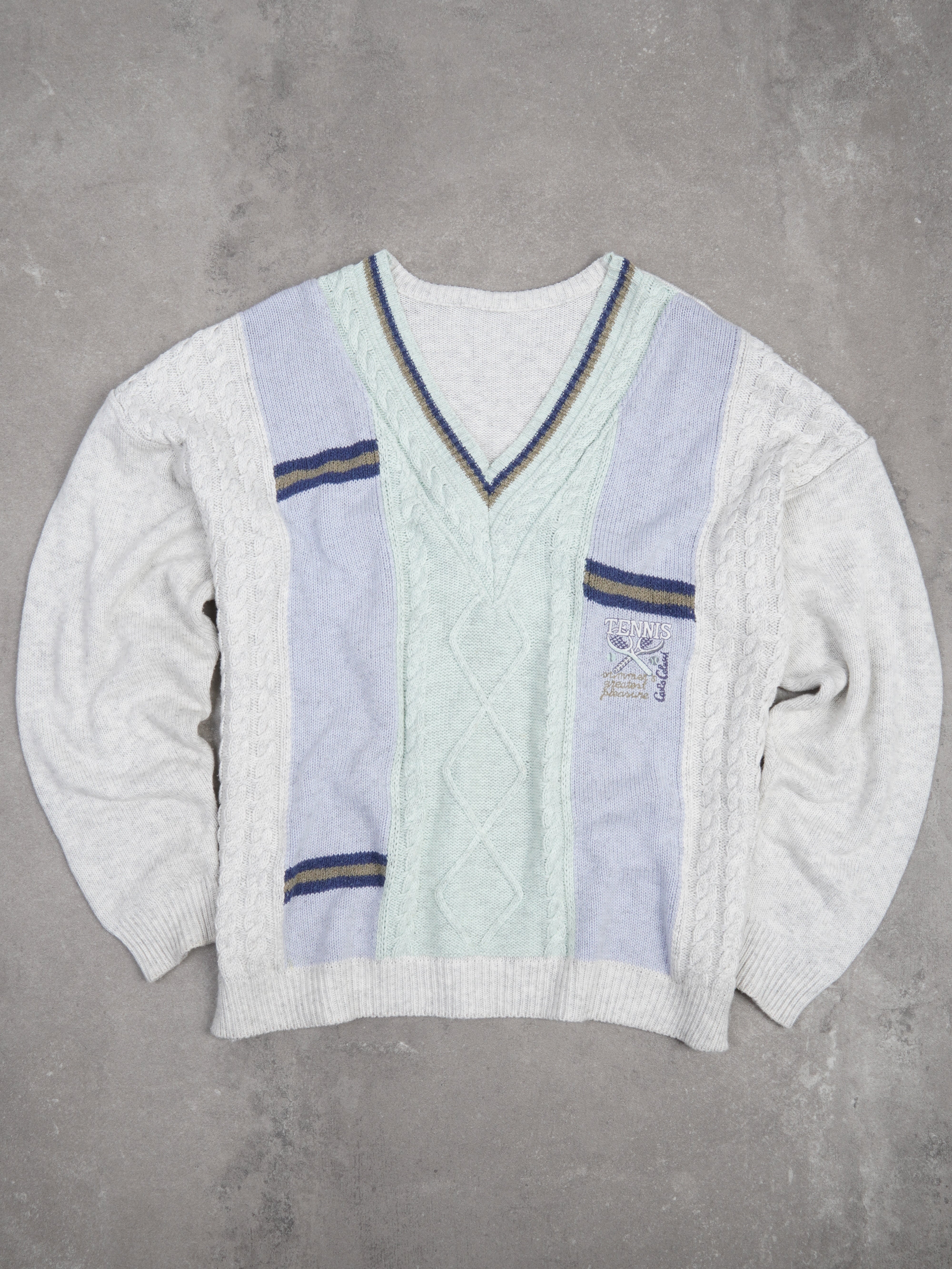 Carlo Colucci Vintage Carlo Colucci Tennis Strickpullover - XL, Grau, Größe XL, unisex, Zustand Sehr gut, Preis 39.95€ – Vorderansicht