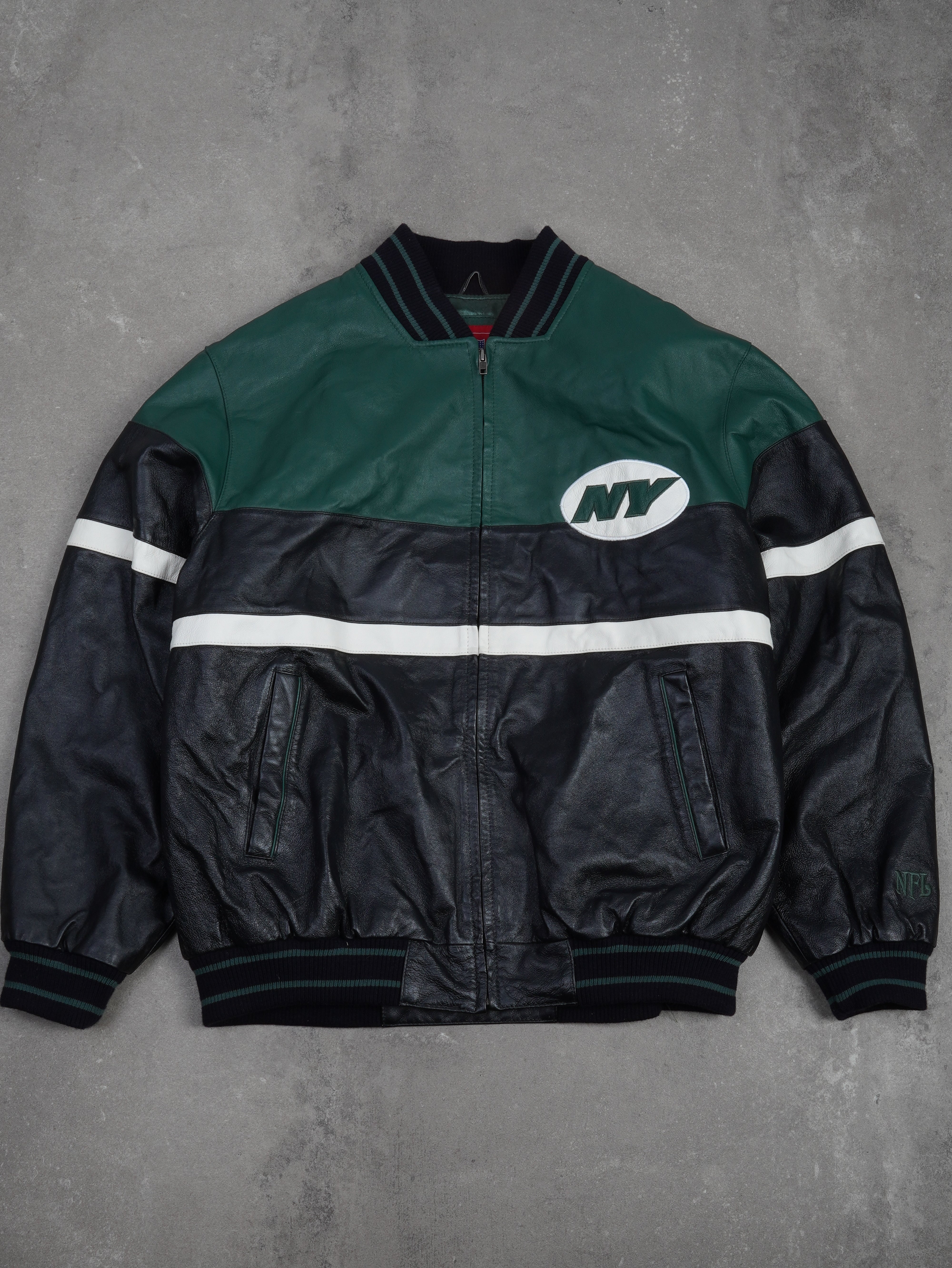 NFL Vintage NFL New York Jets Leder College Jacke - XL, Schwarz, Größe XL, unisex, Zustand Sehr gut, Preis 399.95€ – Vorderansicht